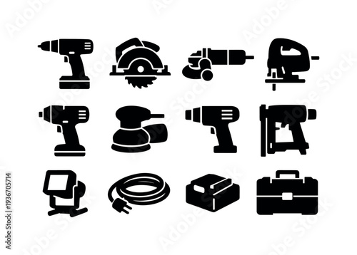 Collection of black icons representing various power tools and accessories on a white background