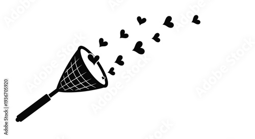 Conceptual black silhouette of a net with several black hearts floating out of it on a white background representing spreading love or kindness.