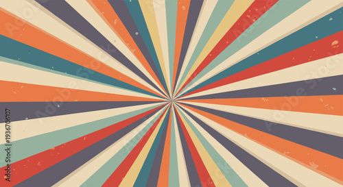 Retro sunburst background featuring colorful rays of light blue orange yellow and purple radiating from the center with a vintage texture.