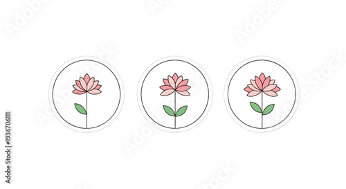 Three identical pink lotus flowers each enclosed in a thin black circle arranged horizontally on a white background for zen branding.