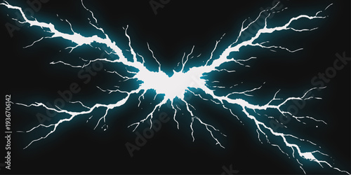 Abstract a striking illustration of two dynamic lightning bolts dramatically colliding amidst a backdrop of deep, inky darkness.