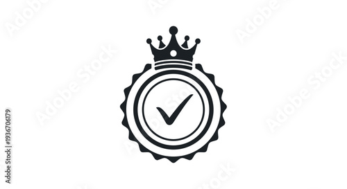 Black silhouette of a quality seal featuring a checkmark inside circles topped with a regal crown for premium certification and trust.