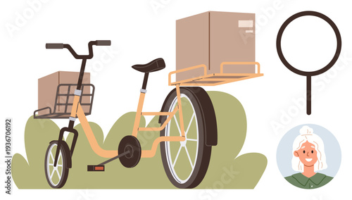 Sustainable transport, delivery services, logistics, eco-friendly solutions, transportation modes, personal communication. Cargo bike carrying packages with a target icon and smiling female portrait