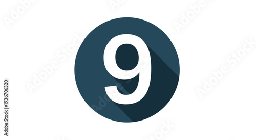 White number nine character placed inside a dark blue circular badge with a long flat shadow effect against a plain white background.