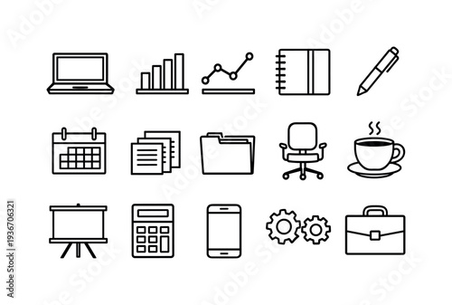 Collection of business and office icons in a clean, modern line art style