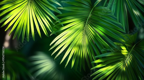 Vibrant Tropical Scene with Lush Green Palm Foliage and Sunlight Filtering Through Leaves