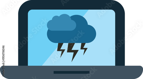 Laptop displaying a storm cloud with lightning, representing weather forecast or internet issues