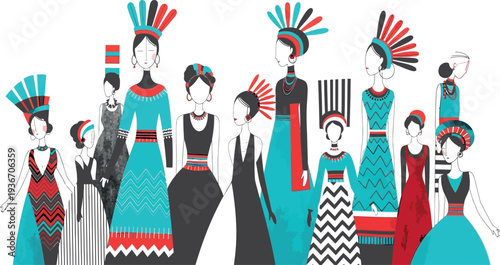 Vibrant group of stylized tribal women isolated on transparent background