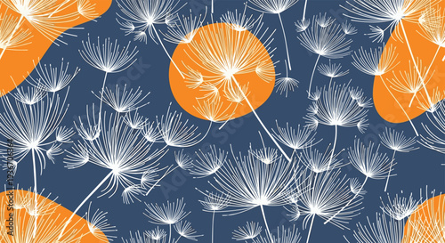 Delicate pattern of white dandelion seed heads floating against a dark blue background with abstract orange organic shapes for nature decor.