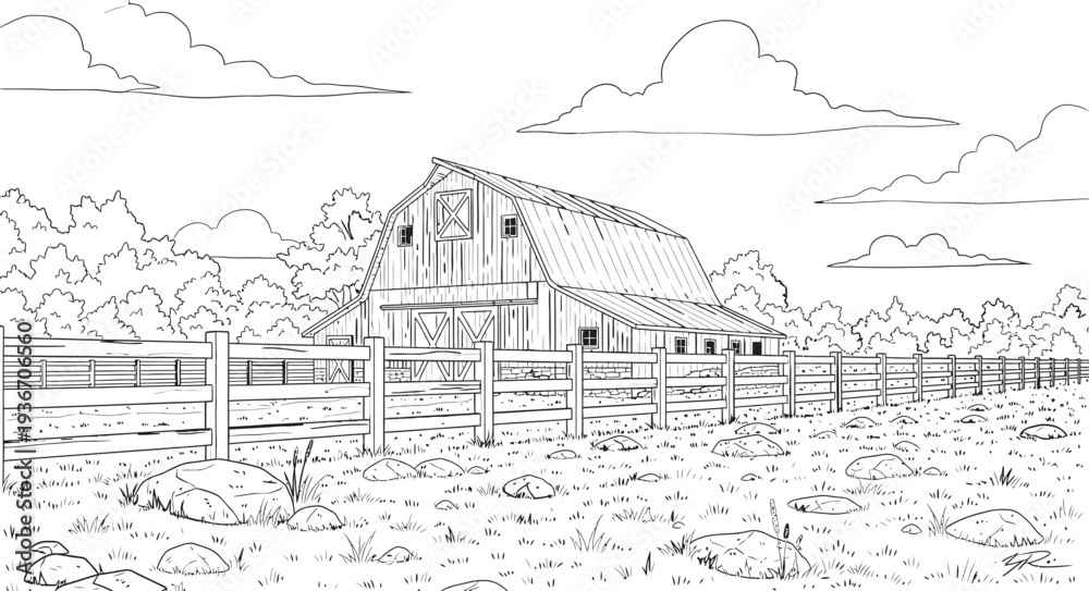 Obraz premium A black and white sketch of a rural landscape with a house and fence isolated on transparent background