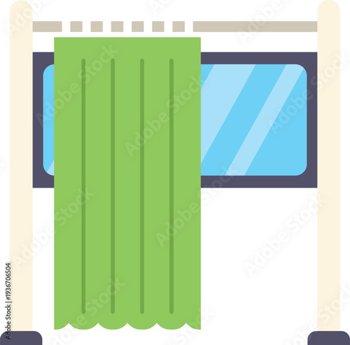 Green curtain partially covering a window on a railing with support poles