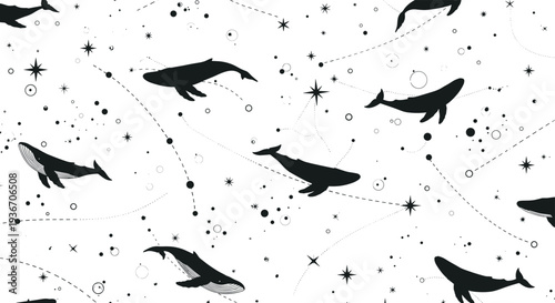 Celestial pattern featuring black silhouettes of whales swimming through a starry night sky with constellations on a white background.