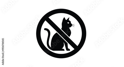 Prohibitory sign featuring a black silhouette of a sitting cat inside a red circle with a diagonal slash on a white background for pet free areas.