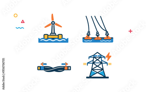 Set of icons representing renewable energy sources and power transmission infrastructure