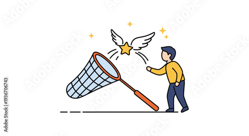 Creative concept showing a man trying to catch a flying star with wings using a butterfly net against a clean white background for goals.
