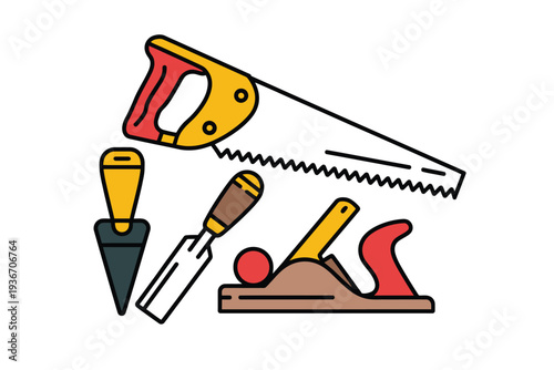 A set of colorful hand tools for woodworking and carpentry projects