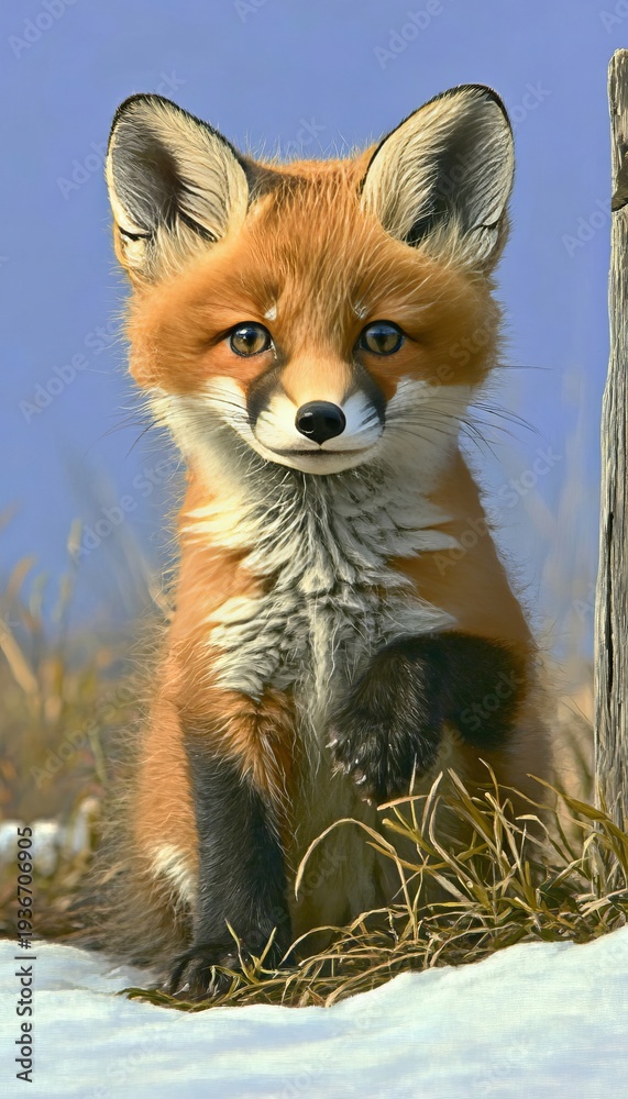 Obraz premium Adorable Fox Kit Playing in the Snow, Captivating Pose of a Cute Wild Baby Fox in Winter Wonderland