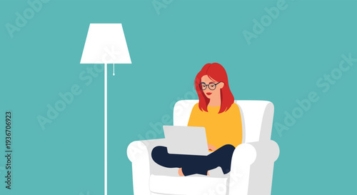 Young woman with red hair and glasses sitting in a white armchair working on a laptop next to a floor lamp on a solid turquoise background.
