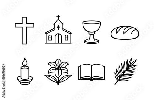Christianity symbols icons set, religious icons for church and faith