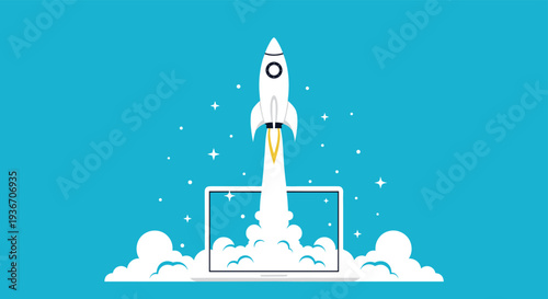 Business startup concept showing a white rocket ship launching with a trail of clouds and sparks from the screen of a laptop on a blue background.