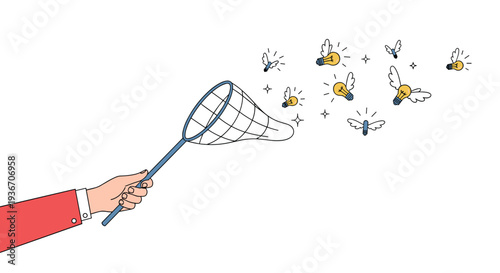 Innovative concept featuring a hand in a red sleeve catching several flying winged lightbulbs with a butterfly net to capture new ideas.