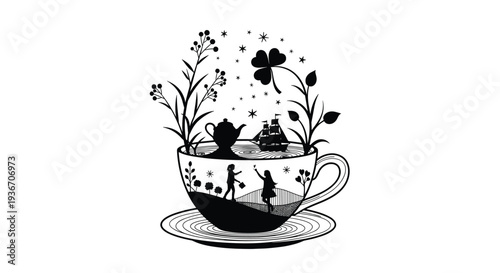Intricate black silhouette art showing a whimsical landscape with children and a ship inside a tea cup with plants growing out of it.