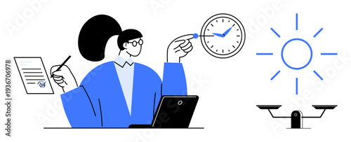 Time management, productivity, work-life balance, decision-making, efficiency, prioritization. Person with laptop, clock document and contrasting symbols. Time management and productivity concept