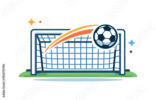 Soccer ball flying into the net with motion lines and stars