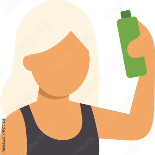 Woman holding and applying a green skincare bottle to her face