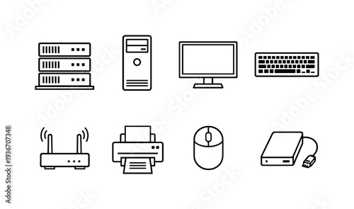 Collection of computer hardware icons including servers, PC, monitor, keyboard, router, printer, mouse, and external hard drive