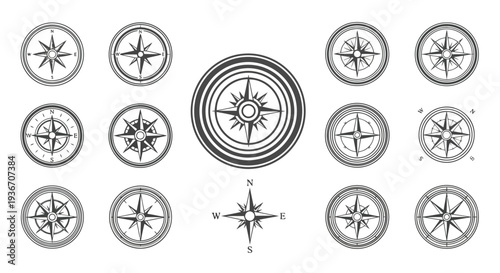 Set of various compass rose navigation icons for travel and adventure