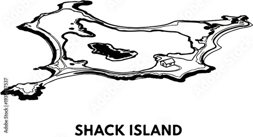 A hand-drawn map of a secluded island with a house and a central lake