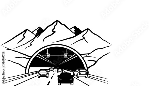 Cars drive through a mountain tunnel under a rocky peak