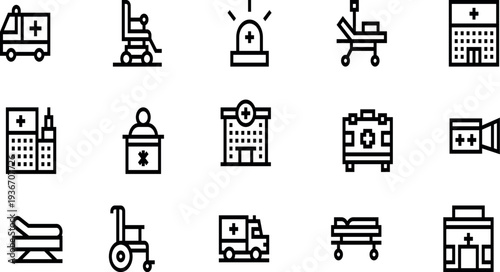 A set of six black and white medical icons on a white background