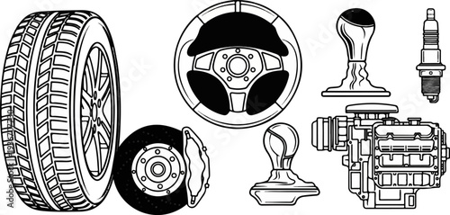 Collection of stylized automotive components, including a tire, brake disc, steering wheel, gear shifts, spark plug, and engine