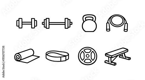 Collection of simple line art icons representing various fitness equipment for workouts