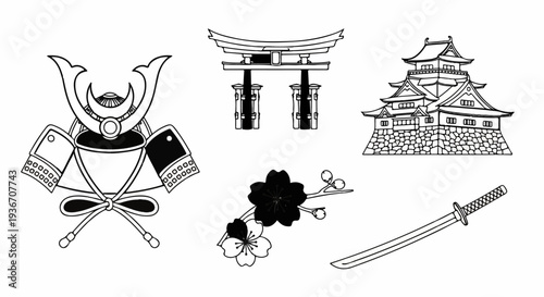 Collection of Japanese cultural symbols samurai helmet, torii gate, castle, katana, and blossoms