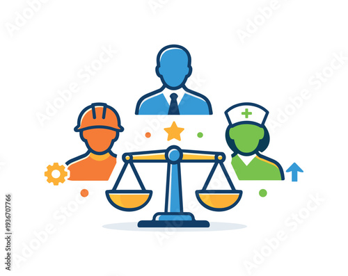 Scales of justice balancing different professions and career growth