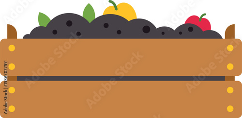 Wooden crate holding rich soil with organic fruit scraps and leaves for composting