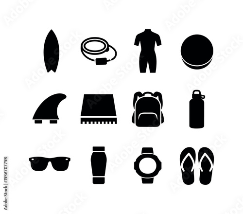 Collection of surfing and beach accessories icons on a white background