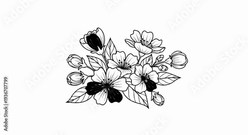 Delicate black and white sketch of blooming flowers and buds