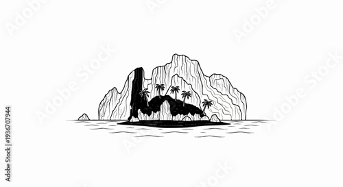 Rugged island with palm trees and water