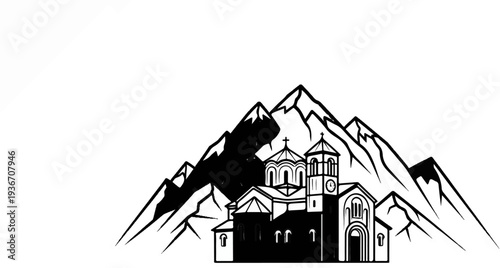 Religious structure nestled amidst jagged peaks