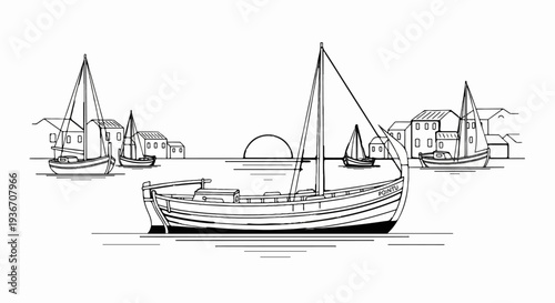 Sailboats and village at sunset over calm water