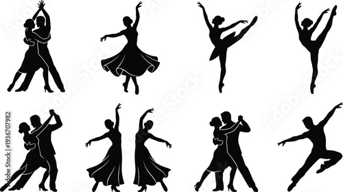 Elegant dancers silhouette set, ballroom couple dancing, graceful ballerina poses, cad drawing flat vector illustration for performing arts and theater.