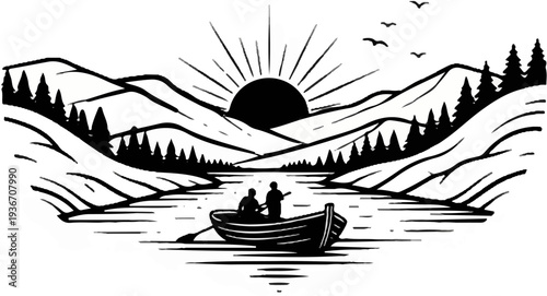Two people fish from a boat on a serene lake surrounded by mountains and trees