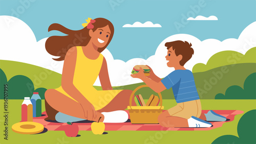 Happy family having picnic in park on sunny day with food and drinks