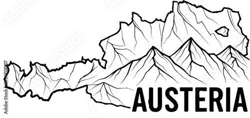 Stylized map of Austria with mountain ranges and the word 'Austria'