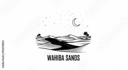 Stylized desert landscape with sand dunes, palm trees, a crescent moon, and stars