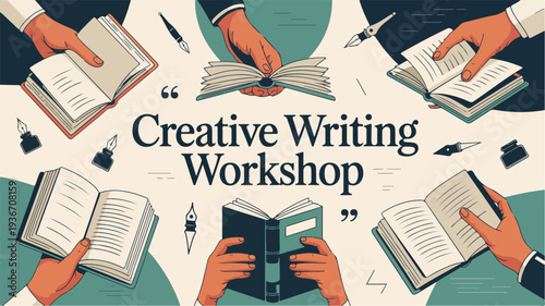 Hands holding books and writing materials in a creative writing workshop setting with text